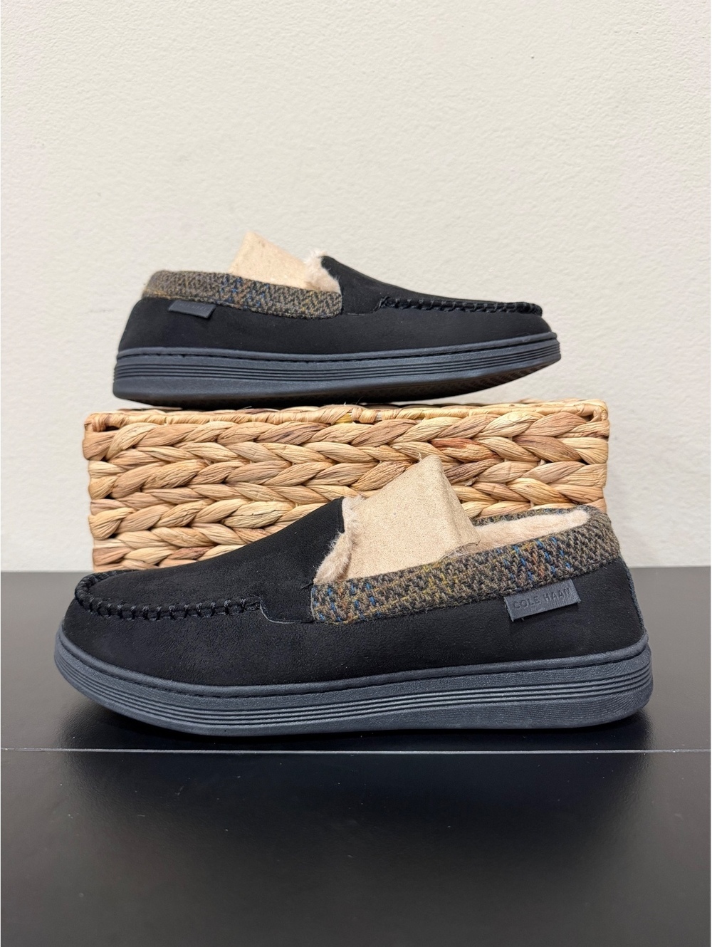 Size 7-8 - Cole Haan Plaid Trim Microsuede Slipper “Black”